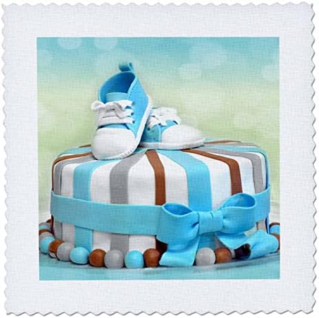 עוגת מקלחת לתינוק כחול וחום עם 3 דרוזים עם נעלי תינוקות לתינוק חדש - ריבועי שמיכה