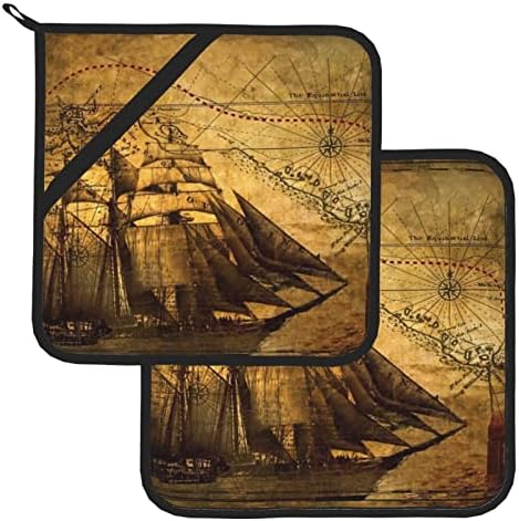 נושאי פיראטים מפליגים של Kulayu מחזיקי סיר מודפסים לעמידה בחום במטבח, סט של 2, רפידות חמות וטריביות חמות לאפיית בישול