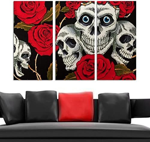אמנות קיר לסלון, גולגלות ורדים אדומים ממוסגרים ציור שמן דקורטיבי סט יצירות אמנות מודרניות דקורטיביות מוכנות לתלות