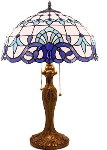 מנורת טיפאני כחול כהה לבן מוכתם זכוכית הבארוק המיטה שולחן מנורת סגנון שולחן אור מתכת בסיס 16 16 24 סנטימטרים דקור חדר שינה