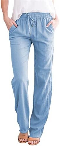 KCJGIKPOK מכנסי פשתן, מכנסי פשתן אלסטיים מוצקים ברגליים רחבות כושר רופף כושר פשתן מכנסי מכנסיים עם מכנסי כיסים נשים