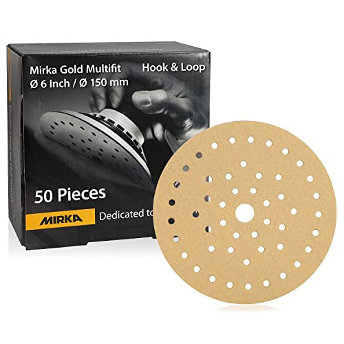Mirka Gold Multifit 6 '' נייר זכוכית חצץ 800 וו לולאה, 50 חבילות 6 אינץ 'דיסקים מלטשים למלטש מסלול, רפידות נייר חול לעץ, קיר