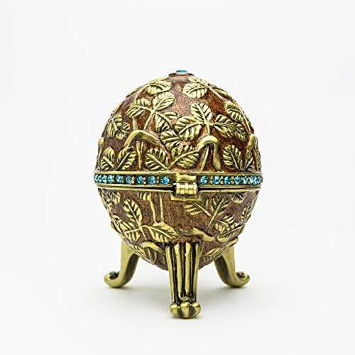 קרן קופל חום חום פברג 'עם עלים קופסת תכשיטים ביצה רוסית מעוטרת בקריסטלים סברובסקי אספנים ביצת פסחא רעיון מתנה לעיצוב בית