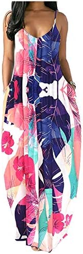 נשים קיץ ללא שרוולים גרפי שמלה עם כיס חידוש פרחוני שמש ירח פרפרים הדפסת מקסי שמלת החוף קיצי