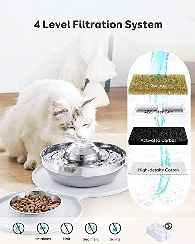 מתקן מים לחיות מחמד מזין אוטומטי 4 ליטר לחתולים, מזרקת מים מנירוסטה 2 ליטר / 67 עוז וקערת כלבים סט 2 ב-1 עם 3 פילטרים ומזרקת