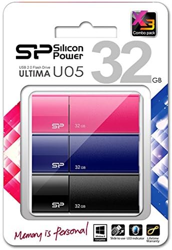 כוח סיליקון 32 ג'יגה-בייט 3-חבילה Ultima U05 USB 2.0 כונן הבזק, כחול/ורוד/שחור