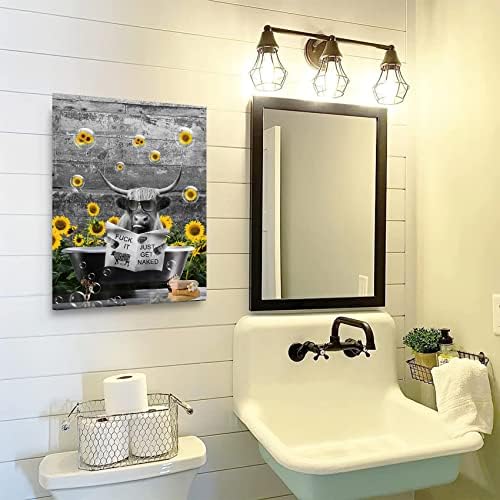אמנות קיר פרה היילנד בקר היילנד בקר באמבטיה אמנות קיר מערבי לחדר אמבטיה, בד חווה מצחיק חווה חווה ציור אמבטיה