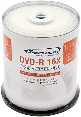 VinPower DIGIGIGAL DVD -R 4.7GB 16X דיו לבן הניתן להדפסה מדיה הניתנת להדפסה - 100 ציר קופסאות עוגות דיסק
