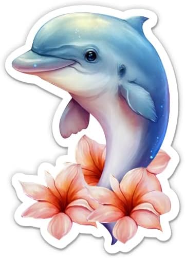 מדבקת דולפין - מדבקת מחשב נייד 3 אינץ ' - ויניל אטום למים לרכב, טלפון, בקבוק מים - דולפין יפה עם מדבקות פרחים
