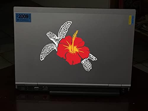 מדבקות הוואי - 8 אינץ 'x 7 אינץ' - צב וצרח היביסקוס אדום וצהוב - ויניל - מדבקות לקיר/מחשב נייד/חלון/מכונית/משאית