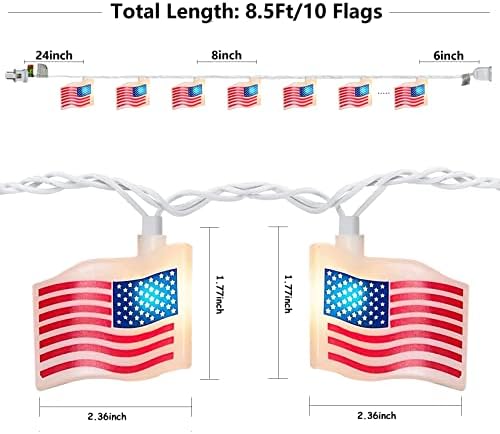 אורות מיתרי דגל אמריקאים, אורות קישוט יום עצמאות של 8.5ft אורות קישוט עם 10 אורות דגל אמריקאים, אורות מיתרים 4 ביולי לחתונה