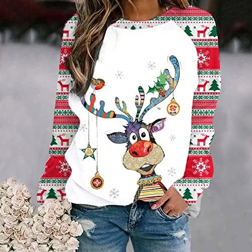 סווטשירט לחג המולד לנשים איילים חמודים הדפס מזדמן שרוול ארוך רופף ארוך צווארון סוודר סוודר חג המולד סוודר טיי