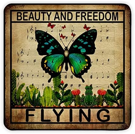 יופי וחופש מעופף פרפר מוסיקה תווי מוסיקה וצמחי קקטוס וינטג 'מתכת שלט פח הדפסים אמנות מתכתית שלט דקורטיבית