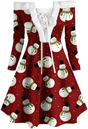 שמלת חג המולד לנשים סקסי כבוי כתף תחרה עד צוואר קטיפה שמלת חג המולד פתית שלג גרפי רופף נדנדה שמלות
