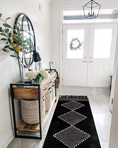 שטיחי מטבח של בוהו, 2'X4.3 'רץ לשטיח אמבטיה שחור רחיץ, גדילים ארוגים כותנה יהלום שטיח מסדרונות כביסה כותנה לכביסה