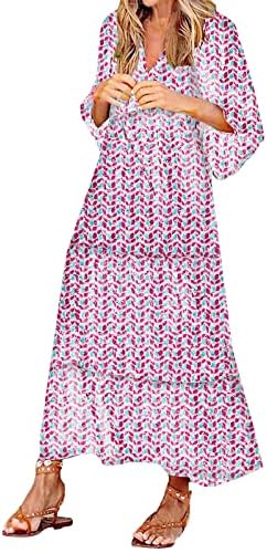 נשים מקסי שמלת קיץ אופנה בוהמי 3/4 פאף שרוול חוף מקרית חצאיות שמלה קיצית זורם נדנדה מידי חלוק שמלה