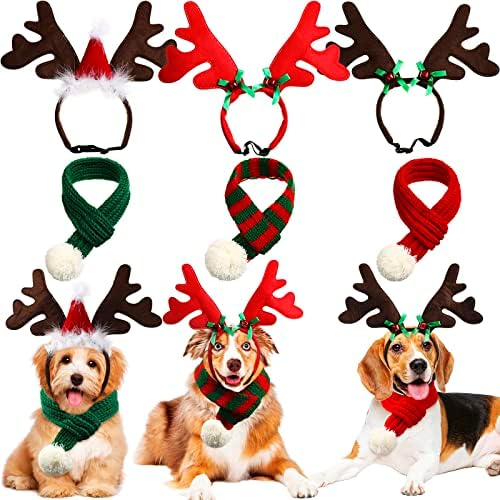 6 יח 'סט תלבושות לכלב חג המולד, 3 כלבי חג המולד איילים איילים איילים קרניים סרטי ראש ו -3 צעיפי חג המולד של כלב חג המולד חג