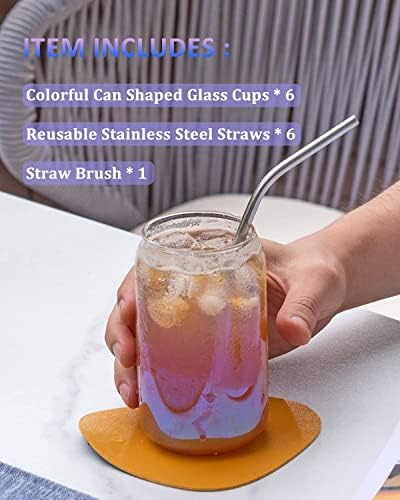 כוסות זכוכית צבעוניות באנמיפ 6 יחידות, ערכות כוסות שתייה מסנוורות של 14.5 עוז, כוסות זכוכית של פחית בירה, כוסות
