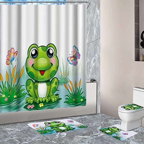 צפרדע חמודה ירוקה וירוקה יושבת על עיצוב עלים 4 חתיכות מחצלות אמבטיה לילדים וילון מקלחת סט אמבט אמבטיה קווי מתאר