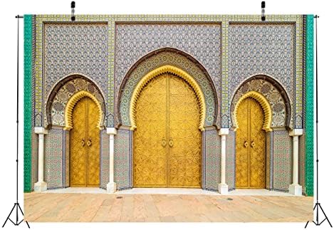 בלקו 20 על 10 רגל בד ארמון מלכותי של מרוקו רקע שער כניסה מוזהב דלתות מקושתות רקע אסלאמי תא צילום סטודיו אבזרי