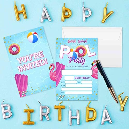 Wuawn 20 הזמנות ליום הולדת עם נושא עם מעטפות עם מעטפות, מילוי שחייה של סופגניות קיץ - בהזמנת יום הולדת כרטיסים לבנים ובנות,