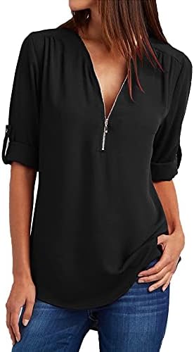 חולצת שיפון של נשים קיץ Zip Up v צוואר טוניקה טוניקה כפתור טאבי גלגל