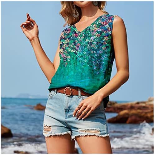 NXXYEEL נשים חולצות ללא שרוולים נגד חולצות צוואר מזדמנים פרח צבעוני אפוד מודפס קיץ פנאי רך גופיות רופפות