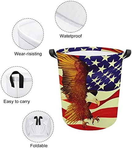 אמריקאי דגל קירח נשר עגול כביסת מתקפל עמיד למים בגדים מלוכלכים סלי עם ידיות כביסה סל אחסון תיק