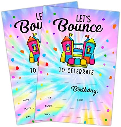 Lwbeo 20 כרטיסי הזמנה ליום הולדת עם מעטפות ， חגיגת יום הולדת שמח הזמנה לבנים או לבנות, עניבה על בית הקפיצה של צבע, קפיצה ציוד