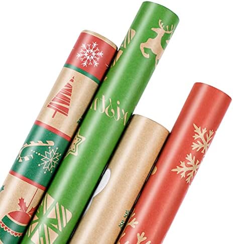 4 יחידות גלישת חג המולד, צרור קראפט נייר עם קווים חתוכים על הפוך נייר אריזת חג עם אלמנטים לחג המולד אוסף למסיבת בוטיק