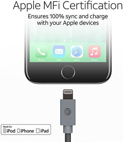 AT&T Apple MFI ברק מוסמך לכבל USB - 10 רגל - למכשירי אייפון עם מחבר ברק - אפור