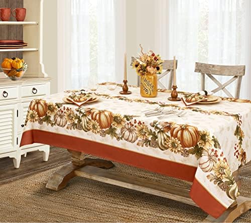 סתיו מבריק סתיו מבריק כפול בגבול חג ההודיה מפת שולחן, מפת שולחן פרחונית של סתיו, 52 אינץ 'x 70 אינץ' מלבני/מלבן