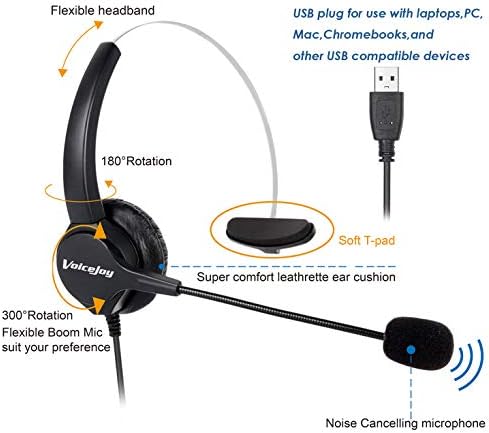 Voicejoy למוקד טלפוני ללא ידיים מבטלים את אוזניות האוזניות Monaural חוט עם מיקרופון מיקרופון עם תקע USB, בקרת