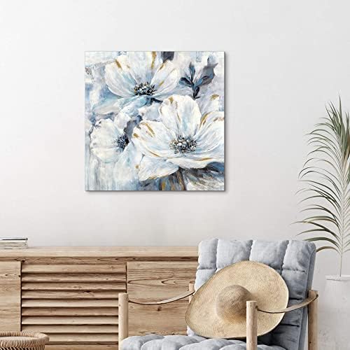 קיץ מנגינה מופשט פרחוני בד קיר אמנות: מודרני בצבעי מים מגנוליה פרח ציור כחול לבן שושן תמונה אלגנטי פריחת בוטני