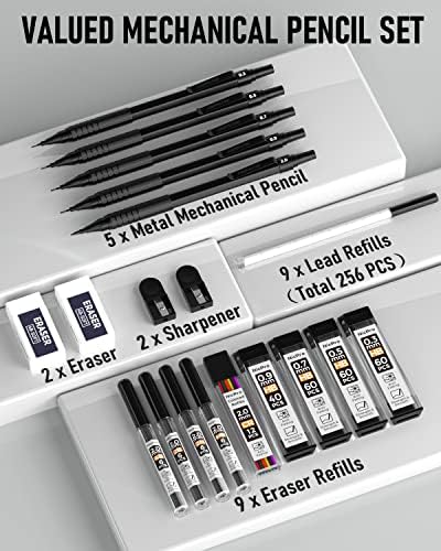 סט עיפרון מכני של Nicpro Black & Pastel, עפרונות ניסוח מתכת בגודל 5 עם 15 צינורות עופרת, מחק 5 יח 'ומילוי מחק של 18 יח'