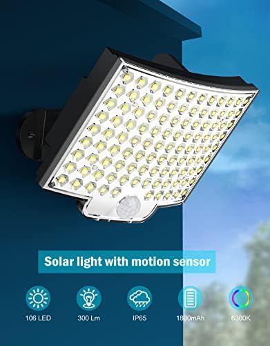 אור סולארי MPJ לחיצוני, 106 אור סולארי LED חיצוני עם חיישן תנועה, IP65 אטום למים, זווית תאורה של 120 מעלות, אור קיר