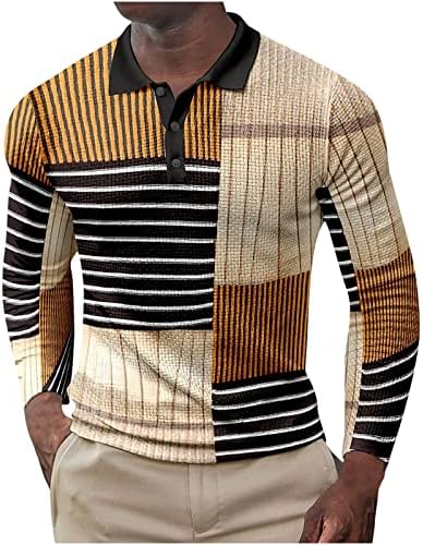 כפתור פס טרנדי מודפס של גברים תלת מימדי, כפתור פס טרנדי למטה חולצות מזדמנים גוש צבע דק עם שרוול ארוך צמרות