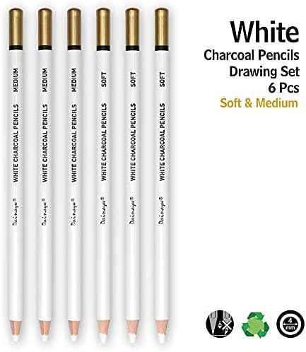 Dainayw 6 PCS עפרונות פחם לבנים סט ציור, מקצוע מקצועי רך ובינוני רישום ציוד אמנות ציוד לציור, הדגשה, רישום, מיזוג