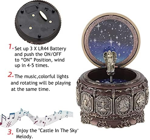 קופסת המוזיקה של אלת מעדנייה מנגנת טירה במנגינת השמיים, קבוצות כוכבים צבעוניות קופסה מוזיקלית סנקיו מסתיים מתנת גלגל גלגל
