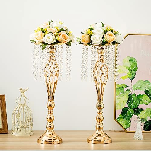 קישוטי שולחן שולחן חתונה של חתונה - 2 אגרטל זהב של 2 יח 'למרכזי עם גבישי נברשת, אגרטל פרחים בגובה 21.7 אינץ', עמדת פרחי מתכת