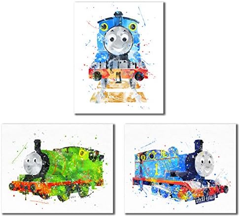 תומאס וחברים הדפסי רכבת צבעי מים - סט של 3 תמונות עיצוב אמנות קיר - תומאס הטנק - פרסי המנוע הקטן
