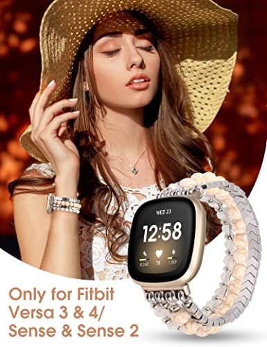 צמיד חרוזים W-RARA תואם ל- Fitbit Versa 4/ Versa 3/ Sense 2/ להקות Sense נשים בנות לבושות חרוזים אלסטיים חמודים בעבוד