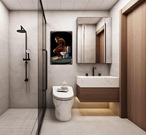 וינטג 'ביגפוט יושב על שירותים מצחיק אמבטיה קישוט שירותים פוסטר מתכת שלט מתכת שלט פח למסעדת בר בית קפה רטרו קיר עיצוב